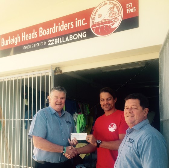 Ian Fraser presents the first cheque to Burleigh President, James Lewis, with Terry "Tappa"Teece